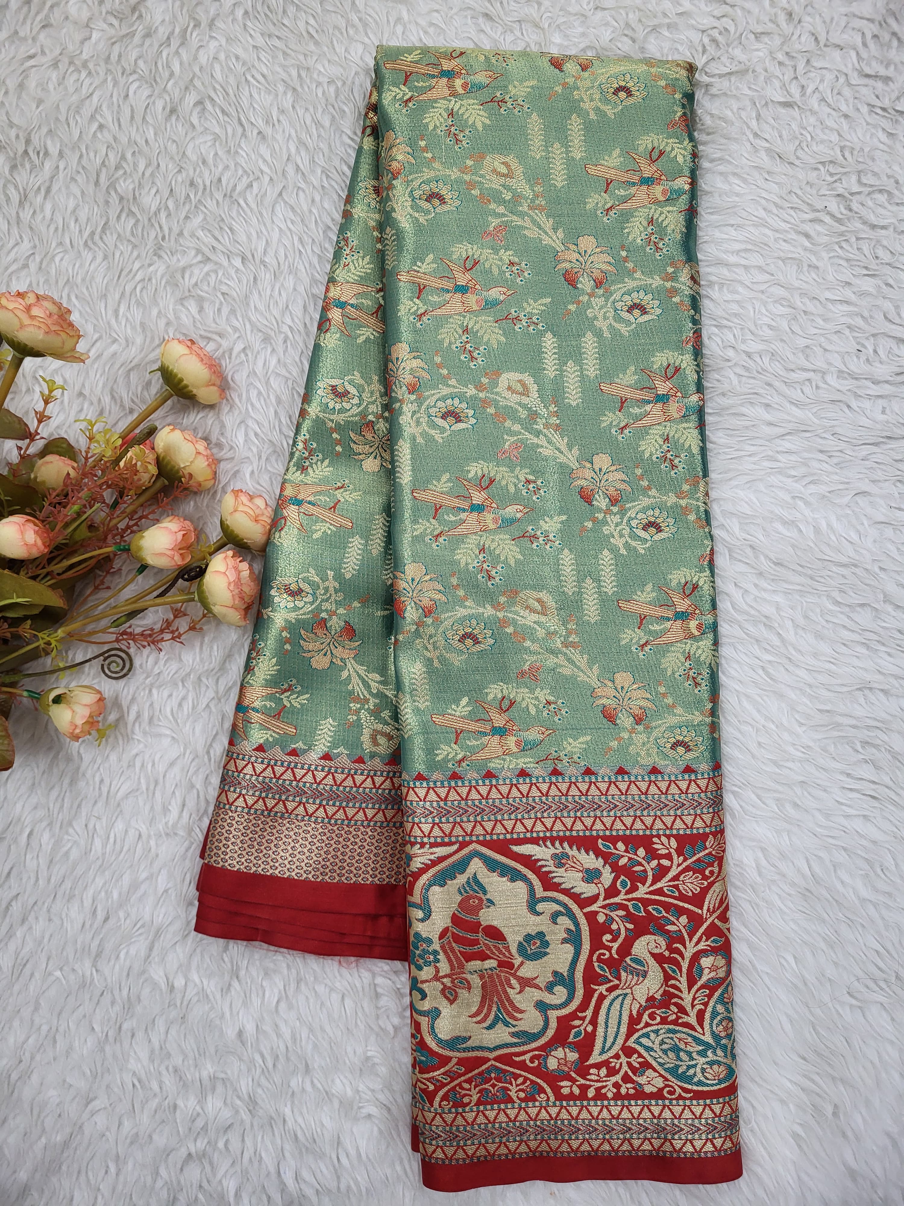 Semi Kanchipattu Tissue Meenakari Border Sarees