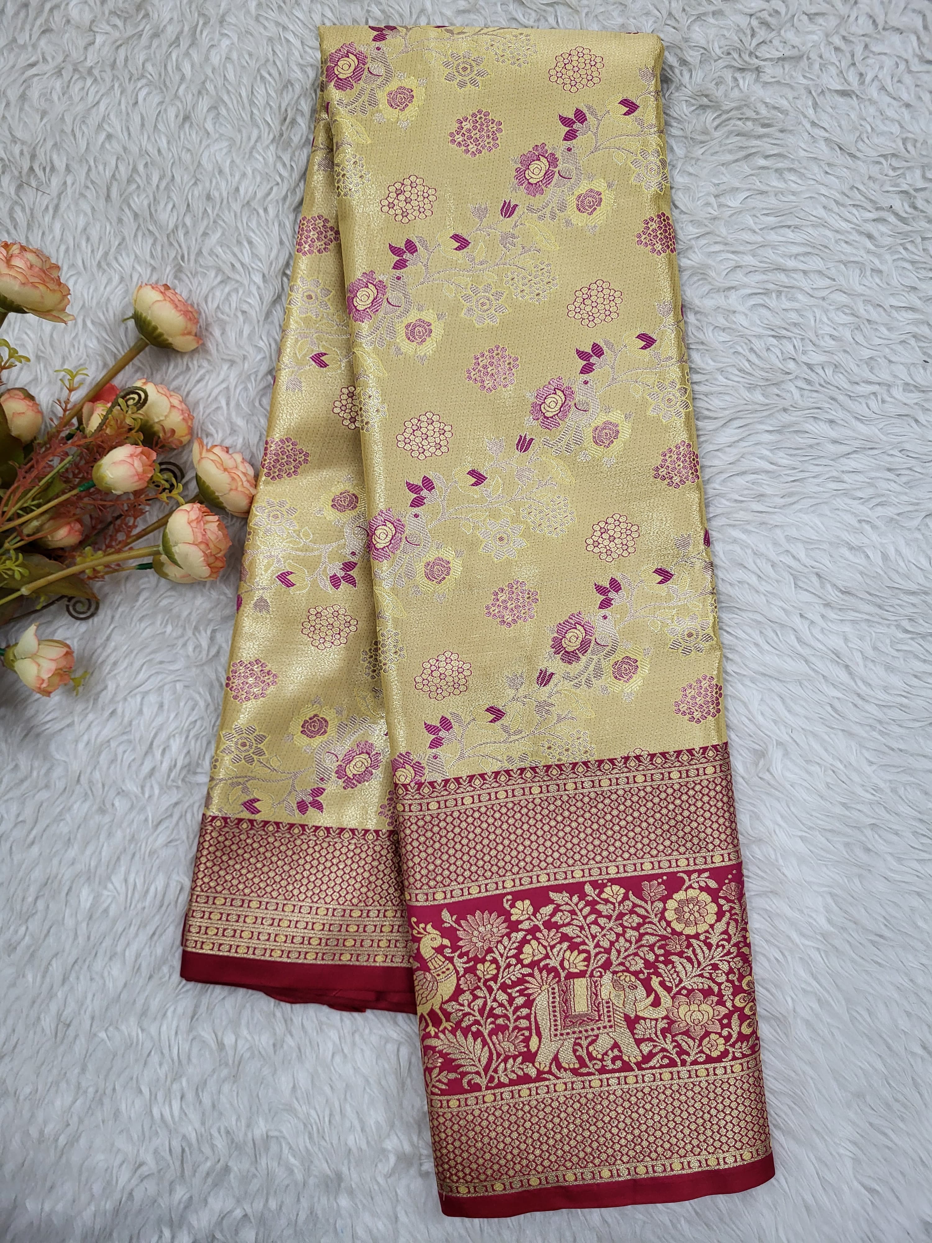Semi Kanchipattu Tissue Meenakari Border Sarees