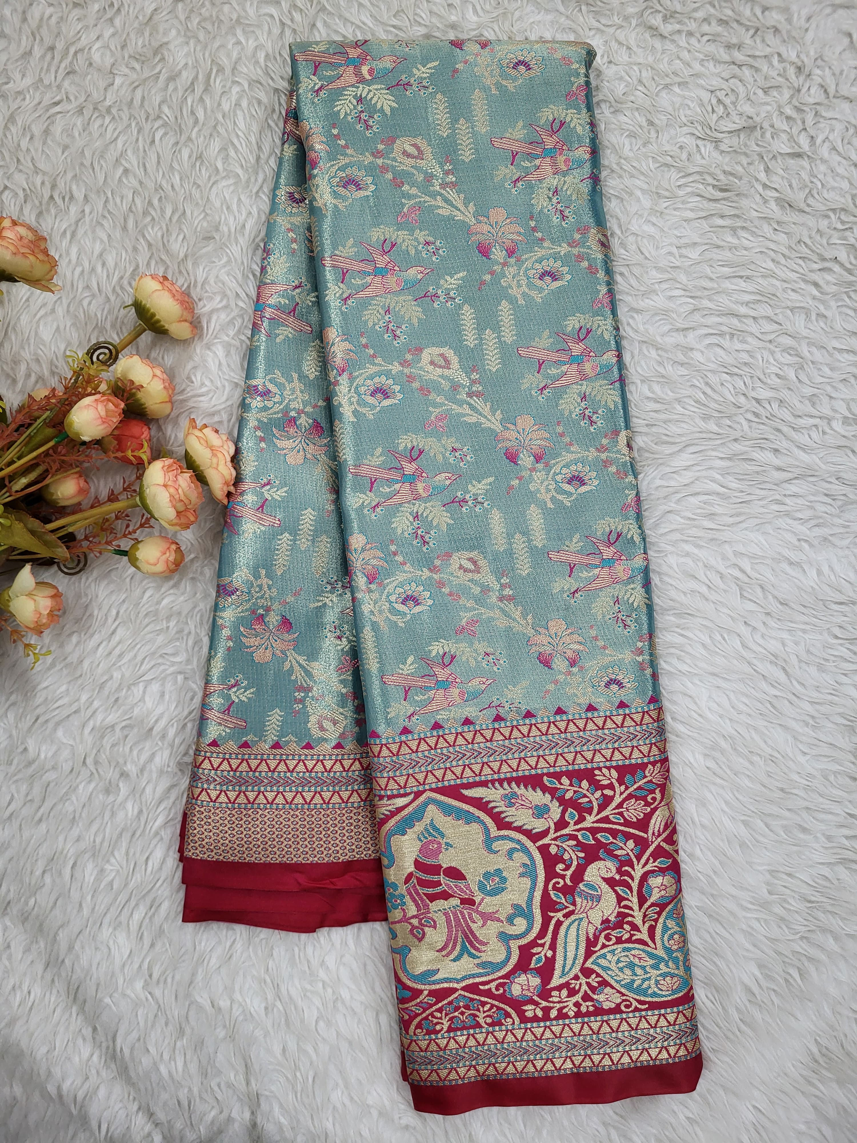 Semi Kanchipattu Tissue Meenakari Border Sarees